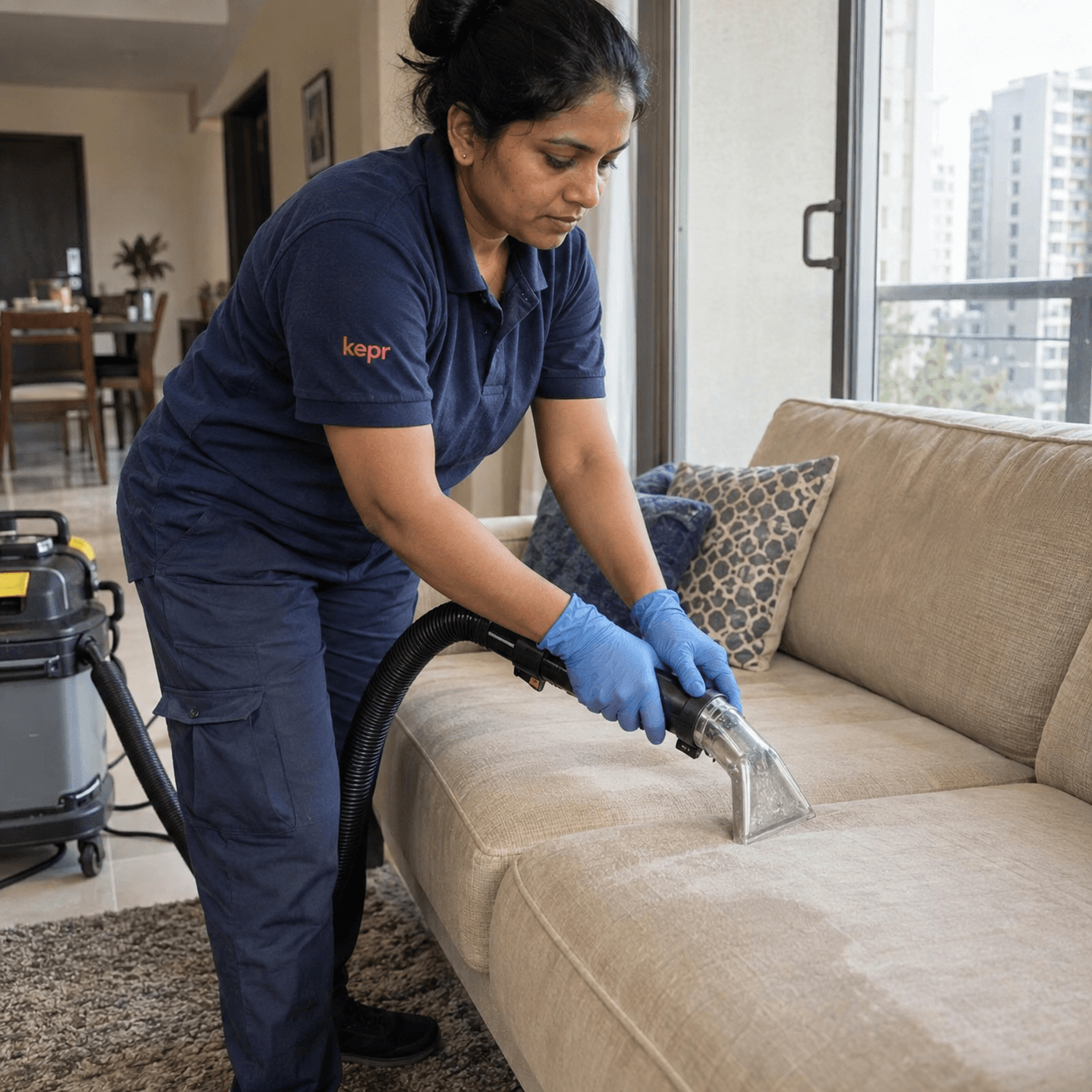 Illustration of a KEPR cleaner working on sofa upholstery