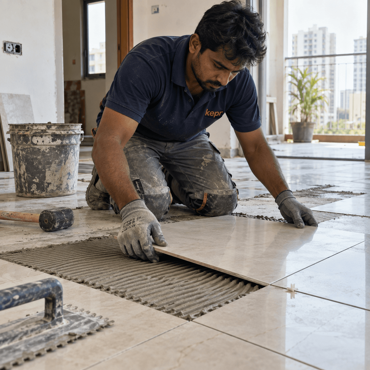 Illustration of a KEPR technician laying floor tiles